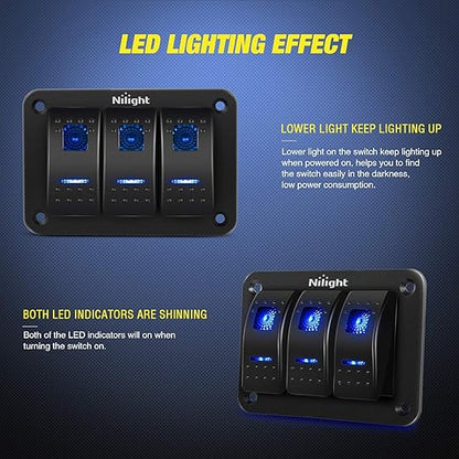 Nilight 90017C 3 Gang Aluminum Panel Toggle Dash 5 Pin On/Off Pre-Wired Rocker Switch Holder for Automotive Car Marine Boat, 2 Years Warranty,Blue