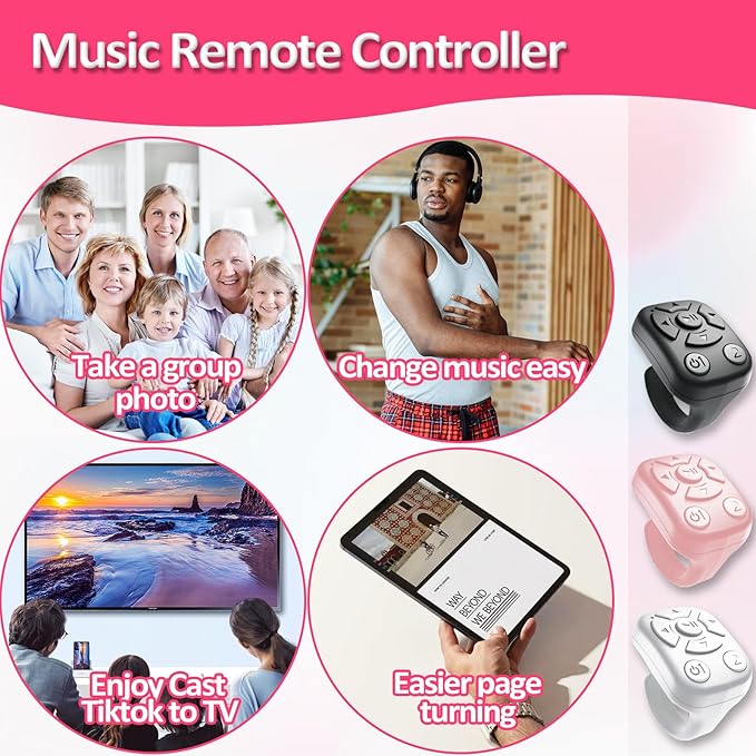 TikTok Scrolling Ring - Bluetooth Remote for TikTok Clips & Tunes, iPhone-Compatible Fingertip Wireless Bluetooth Controller, Ideal for iPad, iOS & Android, with Lively Camera Shutter-(Pink)