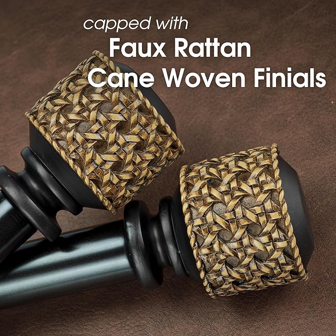 1-1/8 Inch Diameter Dark Bronze Curtain Rods with Faux Rattan Cane Woven Finials, 36-72'' Telescoping Single Curtain Rods for window width 24-68 inch, 1 pack