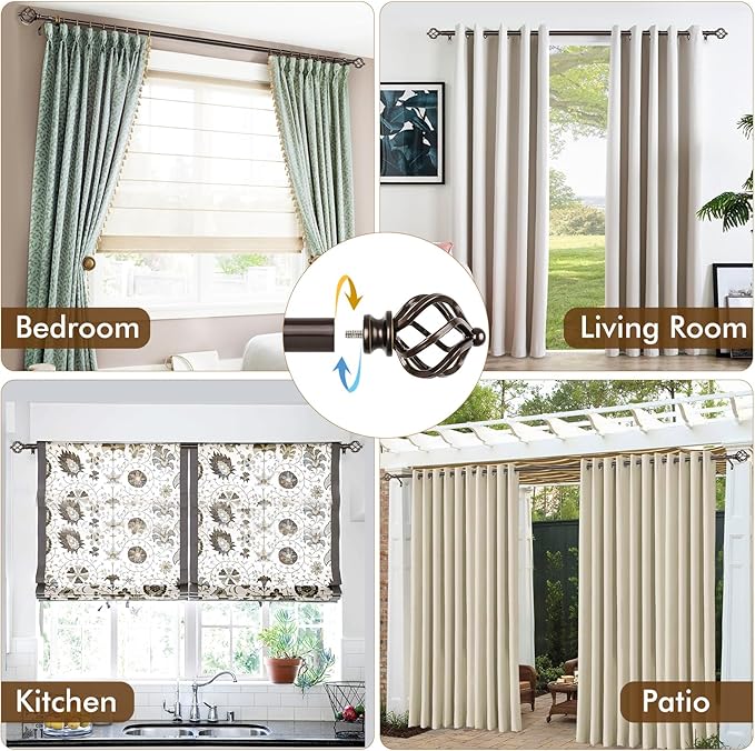 KAMANINA 2 Pack Curtain Rods 32 to 58 Inches (2.6-4.8ft), 3/4 Inch Curtain Rods for Windows Splicing Adjustable Single Drapery Rod with Twisted Cage Finial, for Indoor and Outdoor, Bronze