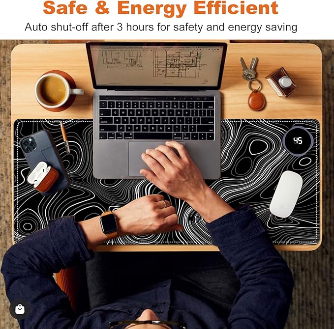 Heated Mouse Pad for Desk 31.5" x 13" – PU Leather Warm Desk Pad with 3 Heat Levels (104°F/113°F/122°F), Plug-in Electric Heating Mat with Auto Shut-Off, Waterproof & Rollable, Topographic Lines