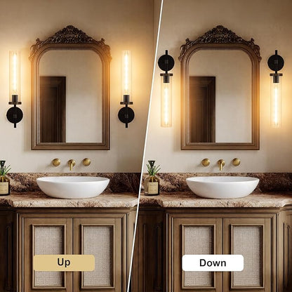 19.5" Knurled Brass Wall Sconces Set of 2, Black Gold Bathroom Vanity Light Fixtures with Clear Glass Tube, Modern Lamp Lighting for Bedroom, Living Room, Hallway, Staircase, Mirror, Kitchen