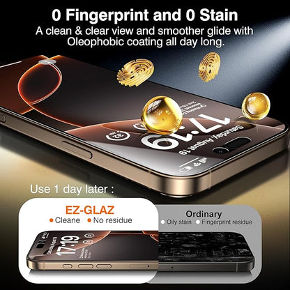 EZ-GLAZ- 4 Pack for iPhone 16 Pro Max Privacy Screen Protector [6.9"] With 2 Pack Camera Lens Protector, 9H+ Hardness 12FT Military Grade Shatterproof Scratch Resistant Durable Tempered Glass Film with Flawless Fit Kit
