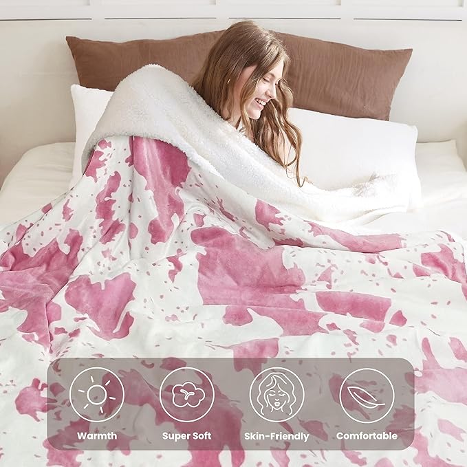 Cow Print Electric Heated Blanket Queen-Heating Blanket Queen Size with 10 Heat Levels & 10 Hours Auto-Off, Cozy Soft Fleece Sherpa, Washable, 84x90 Inches Cow Print Pink