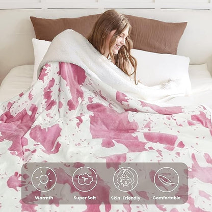 Cow Print Electric Heated Blanket Queen-Heating Blanket Queen Size with 10 Heat Levels & 10 Hours Auto-Off, Cozy Soft Fleece Sherpa, Washable, 84x90 Inches Cow Print Pink