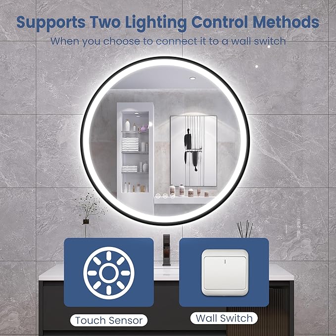 STARLEAD LED-Bathroom-Mirror-with-Lights, 24" Wall-Mounted with Bluetooth Speaker, Anti-Fog, 3 Color Temperature Dimmable Brightness, Waterproof, Frontlit & Backlit, Black Frameless Round