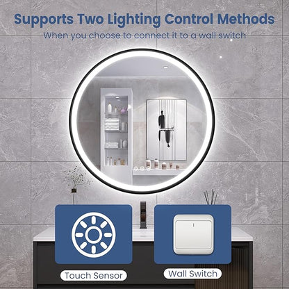 STARLEAD LED-Bathroom-Mirror-with-Lights, 24" Wall-Mounted with Bluetooth Speaker, Anti-Fog, 3 Color Temperature Dimmable Brightness, Waterproof, Frontlit & Backlit, Black Frameless Round