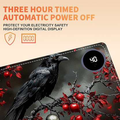 Heated Mouse Pad 23.6 x 14 in 3-Temp Fast Heating Desk Mat with Auto Timer Warmer for Hands Wrist Pain Relief Waterproof Keyboard Mat for Office, Gaming, Home, Raven Red Berries