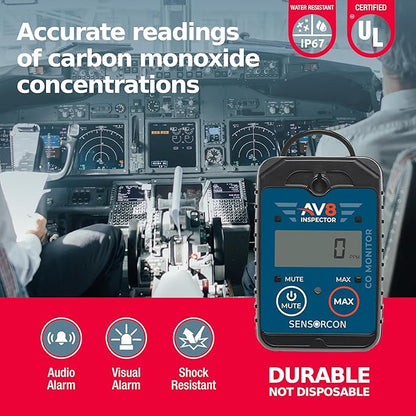 AV8 Inspector Portable Carbon Monoxide Detectors for Aviation – Professional-Grade Digital Carbon Monoxide Monitor with Visual and Audio Alarms