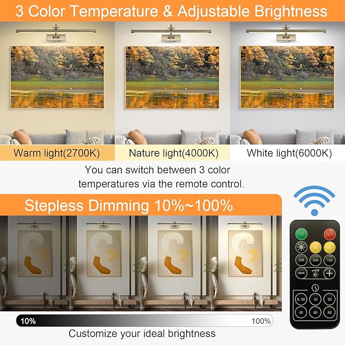 Antique Bronze Picture Light, 23.6 Inch Remote Control Painting Lights for Wall Cordless, 3CCT Dimmable Wall Lights for Pictures, Rechargeable Art Light for Pictures On Wall with Timer