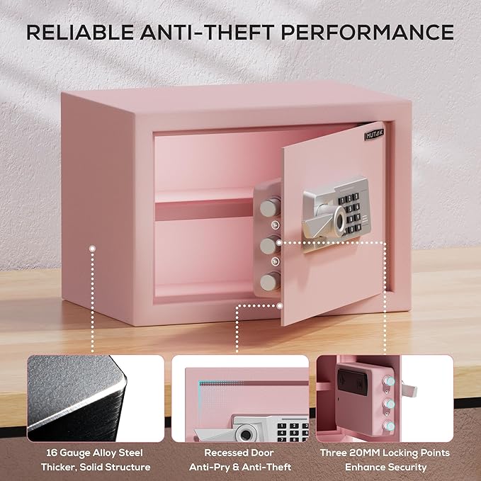 1.0 Cub Biometric Safe Box with Fireproof Bag, Quick-Access Fingerprint Safe with Keys, Digital Keyboard, Type-C Port, Dual Alarm System Safety Box for Home, Office, Hotel Use(Pink)