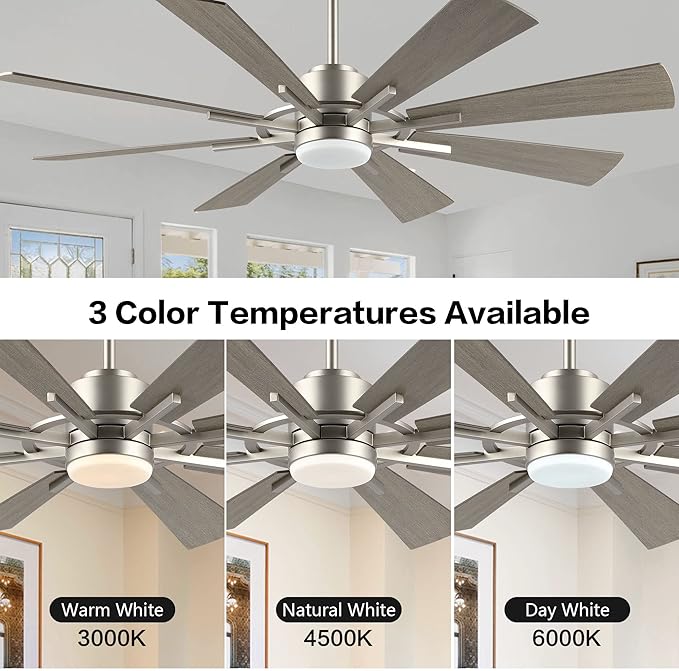 WINGBO 72" DC Ceiling Fan with Lights, Brushed Nickel and Gray Ceiling Fan with 3 Downrods, 8 Plywood Blades, 6-Speed Reversible DC Motor, Modern Ceiling Fans Indoor for Kitchen Bedroom Living Room
