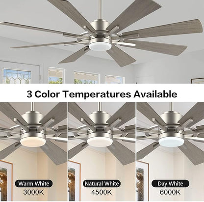 WINGBO 72" DC Ceiling Fan with Lights, Brushed Nickel and Gray Ceiling Fan with 3 Downrods, 8 Plywood Blades, 6-Speed Reversible DC Motor, Modern Ceiling Fans Indoor for Kitchen Bedroom Living Room