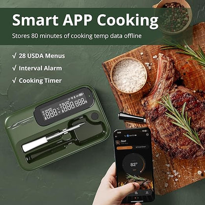 Wireless WiFi Meat Thermometer Digital, Versatile Unlimited Remote Range,Smart Bluetooth Cooking Thermometer with 2 Size BBQ Probes, Flexible Alarm APP LCD Screen for Grill, Air Fryer, Smoker and Oven