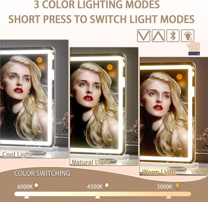 Hasipu Vanity Mirror with Lights and Bluetooth Speaker, 37.4" x 25.6" LED Makeup Mirror, Lighted Makeup Mirror with Dimmable 3 Modes, Touch Screen Control Vanity Mirror Round White