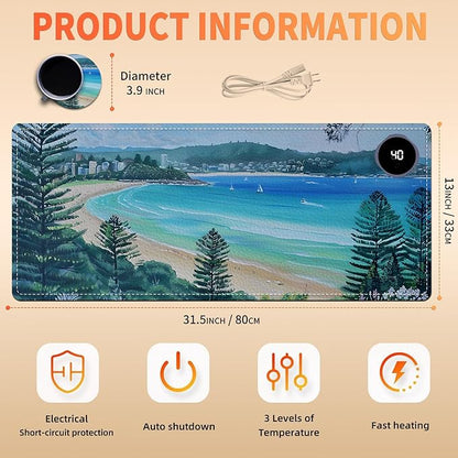 Heated Mouse Pad, Warm Desk Pad, Keyboard Mat 31.5 x 13 Inch Large Size Intelligent Fast Heating, 3 Speed Adjustable, Timed Auto Power Off for Game Office Home,Blue Sea Level Beach Woods