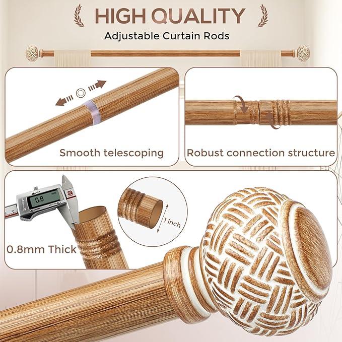 Wood Curtain Rods for Windows 66 to 120 Inches, Decorative 1'' Diameter Heavy Duty Adjustable Rustic Farmhouse Drapery Pole with Boho Imitation Wooden Grain Finials, Size: 30''-120'', Brown