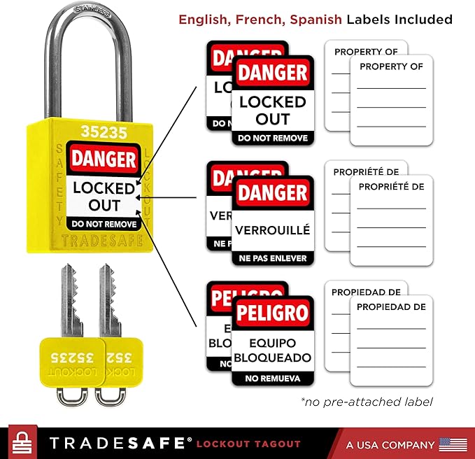 TRADESAFE Lockout Tagout Locks Set - 10 Yellow Keyed Alike Padlocks, 2 Keys Per Lock, OSHA Compliant Loto Locks