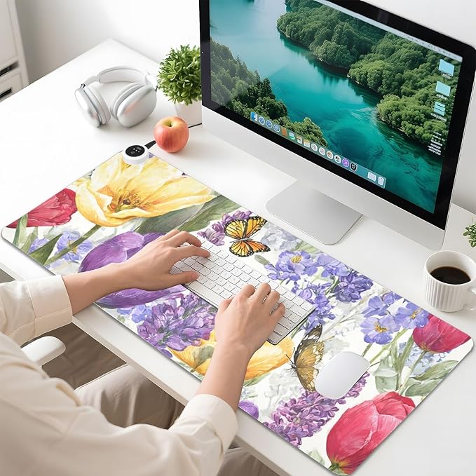 Heated Desk Pad Mouse Pad 31.5x13 Inch PU Leather Desk Mat with 3 Heat Levels Large Mouse Gaming Computer Laptop Mat Tulips Lavenders Purple Butterfly