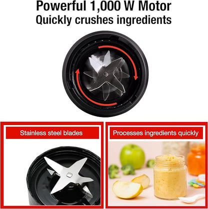 Koblenz Mix&Go Personal Blender, Portable Size Blender for Shakes and Smoothies, 1000w Motor, Includes Stainless Steel To-Go Cup and Tritan To-Go Cup, 12 Accessory Kit, Grey