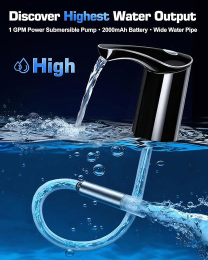 Rechargeable Water Dispenser Pump for 5 Gallon Bottle, Electric USB-C Large Flow Water Jug Dispenser, Portable Automatic Submersible Bottle Pump Silent Operation for Camping Home Office