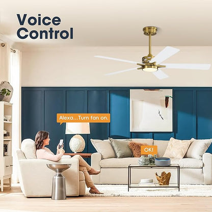 WINGBO 52" Smart Ceiling Fan with Lights, 5 Plywood Blades, 6 Speeds Reversible DC Motor, Works with Alexa and Google Assistant, 3CCT Dimmable LED Ceiling Fan for Bedroom Living Room, Brass and White