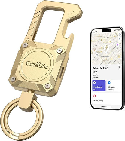 Keychain, Works with Apple Find My, Heavy Duty Keychain Bottle Opener, Carabiner Car Key Chains with GPS Tracker, Key Finder, Bluetooth Tracker for Luggage, Kids, Bags and More, Rechargeable, Gold