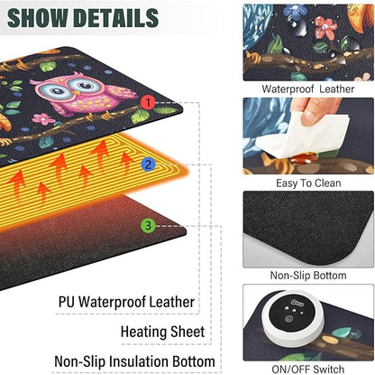 Heated Desk Pad Mouse Pad 31.5x13 Inch PU Leather Desk Mat with 3 Heat Levels Large Mouse Gaming Computer Laptop Mat Vibrant Owls Branches Flowers Spring