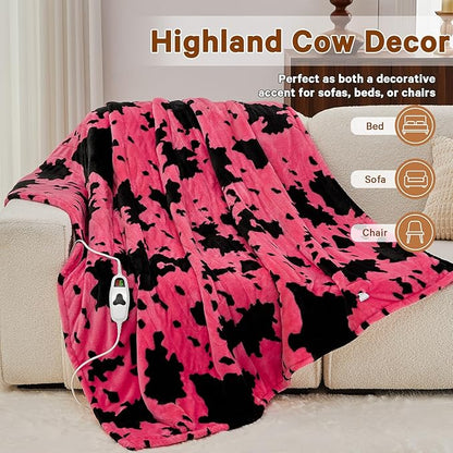Cow Print Heated Electric Blanket Throw,50X60 Pink Heating Blanket with 10 Heats Levels & 8 Hours Auto Off,Highland Cow Decor Stuff Fleece Sherpa Blankets Warmer Gifts for Women Adults Washable
