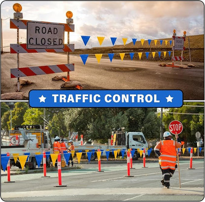 105ft Blue and Yellow Pennant Banner Flag, 7"x10" Fluorescent Safety Flagging Banner Warning Flag for Construction Site/Boundary Barrier Signs, Perimeter Marking Flags on String, 45 Flags