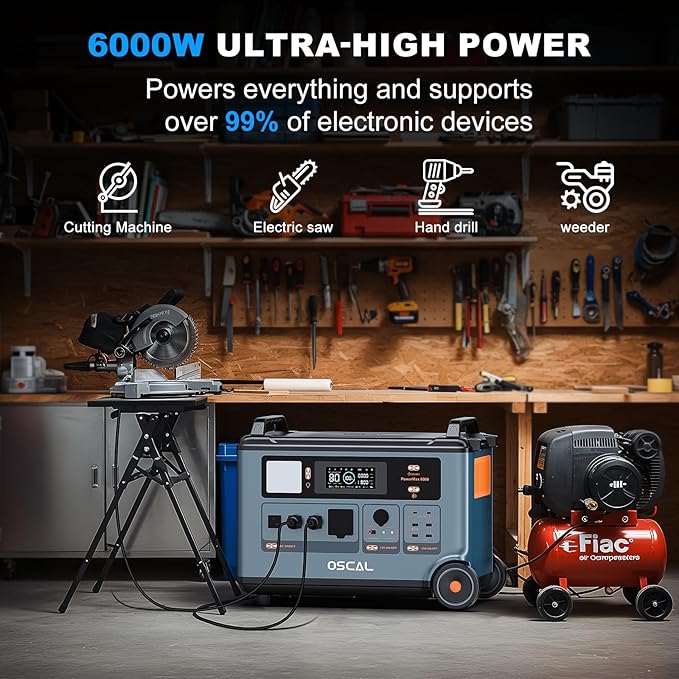 OSCAL PowerMax 6000 Solar Generator, 3600Wh/6000W Power Station with 200W Solar Panels, 120V/240V Split Phase Voltage AC Outlets (9000W Peak), 2400W Solar Charging,Emergency for Home,Battery Backup
