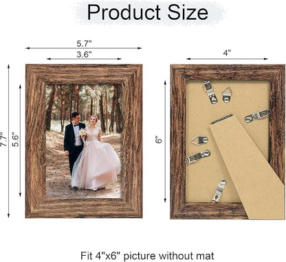 iRahmen 4x6 Picture Frame Set of 4, High Definition Glass Brown Frame, 4 x 6 Wood Rustic Photo Frames for Horizontal or Vertical Display Tabletop and Wall Mounting