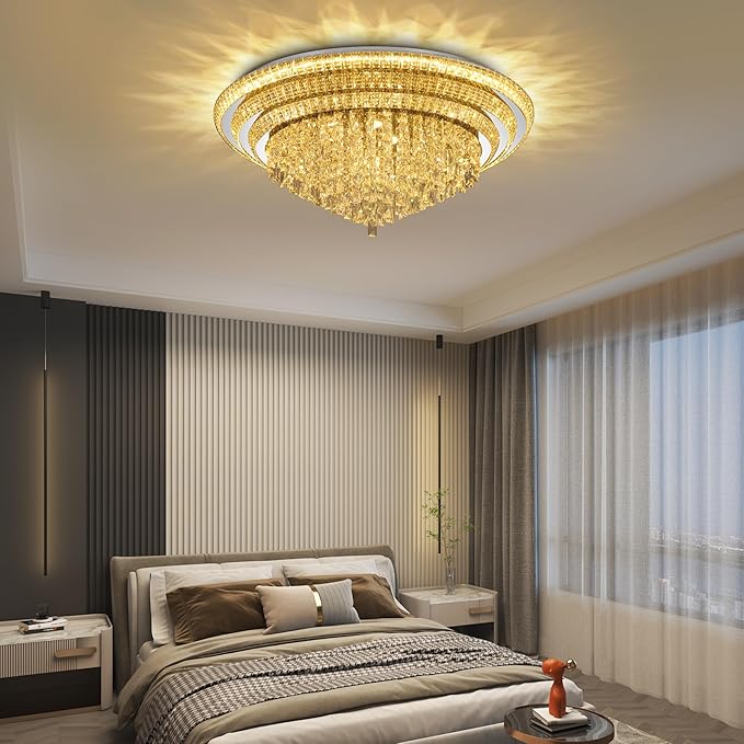 COCOSTAR Sliver Elegant LED Crystal Raindrop Ceiling Light with Remote and APP, 40" Modern Flush Mount Chandelier Light Fixture, 3CCT Dimmable, for Living Room Kitchen Island Bedroom Entryway Foyer