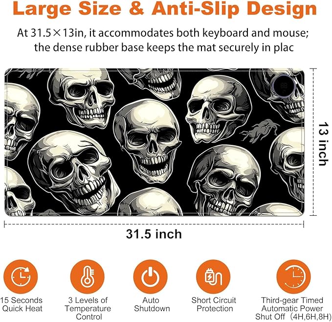 Heated Mouse Pad for Desk 31.5" x 13" – PU Leather Warm Desk Pad with 3 Heat Levels (104°F/113°F/122°F), Plug-in Electric Heating Mat with Auto Shut-Off, Waterproof & Rollable, Skull Pattern