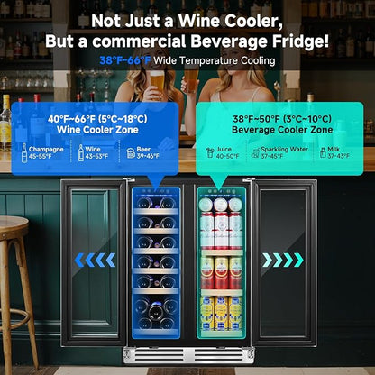 BODEGA 24 Inch Beverage and Wine Refrigerator, Dual Zone Wine Cooler Under Counter, with Independent Temperature Control and Upgraded Compressor, Holds 57 Cans and 19 Bottles