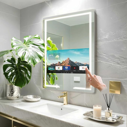 24x32 Inch Bathroom TV, Smart Vanity Mirror with 21.5'' Touch-Screen TV, IP66 Waterproof Defogging Mirror TV with 3 Color LED Light HDMI Android System for Bathroom Hotel Hair Salon (2025)