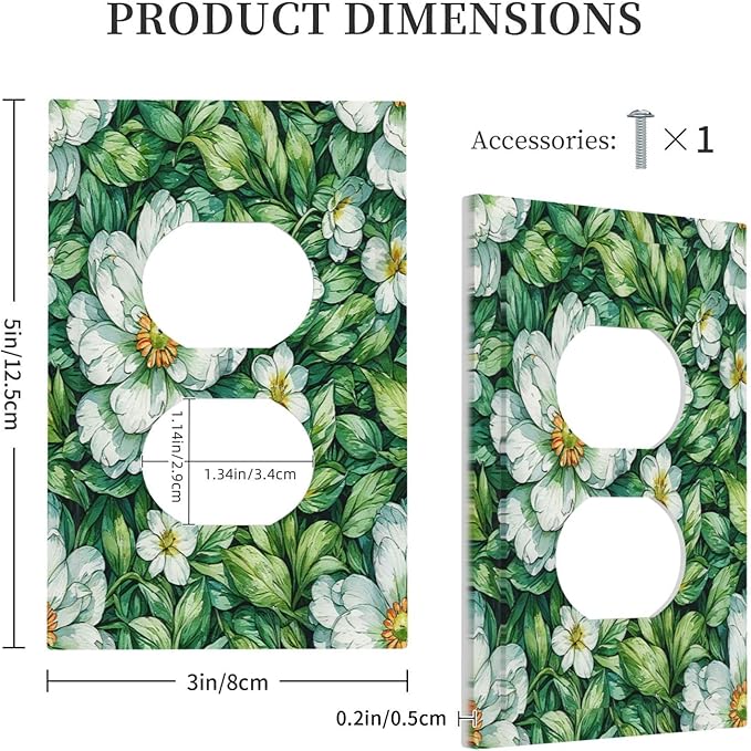 Vintage Floral White Flowers Green Plants Leaves Outlet Covers 1 Gang Duplex Light Switch Cover Wall Plate Decorative Switch Plates Electrical Receptacle Faceplate for Bedroom Bathroom Decor