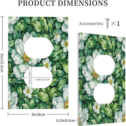 Vintage Floral White Flowers Green Plants Leaves Outlet Covers 1 Gang Duplex Light Switch Cover Wall Plate Decorative Switch Plates Electrical Receptacle Faceplate for Bedroom Bathroom Decor