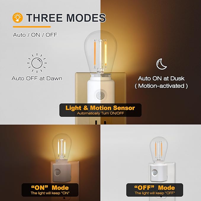 Warm Night Lights Plug into Wall Motion Sensor, 1W 2700K, LED Night Light, 10-100LM Adjustable Brightness, Automatic Night Light for Kids, Bathroom, Hallway, 1-Pack