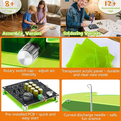 eUda+ STEM Tesla Lightning Kit – Easy DIY Electronic Science Kit – Perfect Christmas STEM Gift for Kids – Fun Hands-On Learning & Building Toy (Soldering Version, Rectangular-Fluorescent Green)