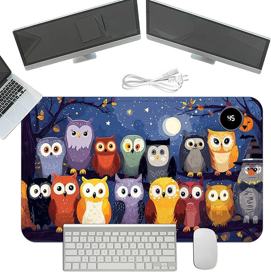 Heated Mouse Pad with 3 Temperature Settings(104°F–122°F),Large 24x14.2 Inch PU Leather Heated Desk Mat,Waterproof Warming Pad for Office,Gaming & Cold Hands Relief,Colorful Night Owls
