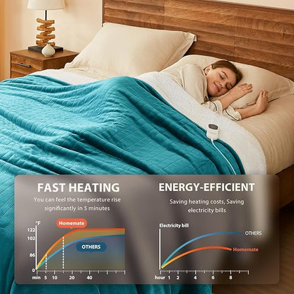Homemate Electric Heated Blanket Twin - 62"x84" Heating Bed Blankets Throw with 10 Heating Levels 8 Hours Auto Off Fast Heating Over-Heated Protection Ultra Soft Warm Flannel ETL Certified