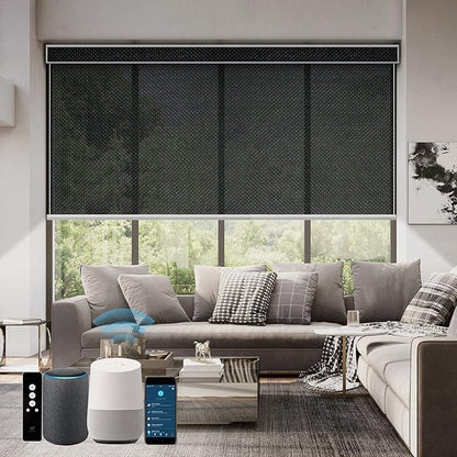 SmartWings Motorized Roller Shades 5% Openness Work with Homekit, Alexa SmartThings Google, Zigbee Motor Smart Blinds for Windows, Cordless Remote Window Shades, Rechargeable, Customized, Black
