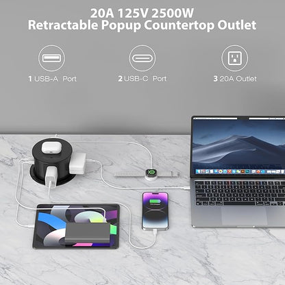 ANNQUAN 20 Amp Pop Up Countertop Outlet with 15W Wireless Charger,Max 65W Power Delivery,4.75" Pop Up Electrical Outlet with 3 Outlets 3 USB Ports for Home Office