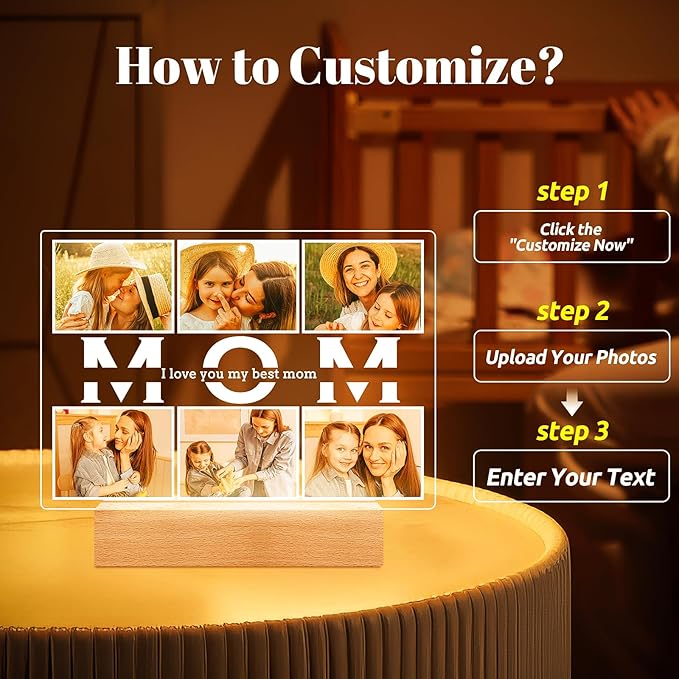 Personalized Birthday Gifts for Mom from Daughter Son, Custom Collage Picture Frames with Photos, Customized Photo Frame with Night Light, Personalized Gifts for Mom Kids Baby Family