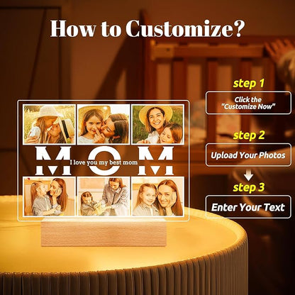 Personalized Birthday Gifts for Mom from Daughter Son, Custom Collage Picture Frames with Photos, Customized Photo Frame with Night Light, Personalized Gifts for Mom Kids Baby Family