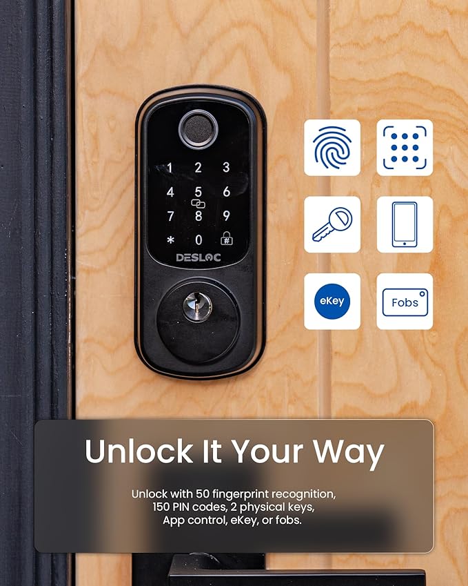 DESLOC Smart Door Lock B200, Smart Deadbolt Lock, Keyless Entry Door Lock, Fingerprint Smart Lock, Smart Locks for Front Door, App Control, Touchscreen Keypad Deadbolts,12-Month Battery, BHMA Grade3