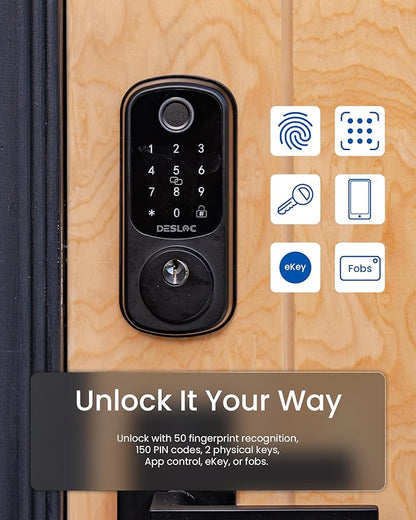 DESLOC Smart Door Lock B200, Smart Deadbolt Lock, Keyless Entry Door Lock, Fingerprint Smart Lock, Smart Locks for Front Door, App Control, Touchscreen Keypad Deadbolts,12-Month Battery, BHMA Grade3