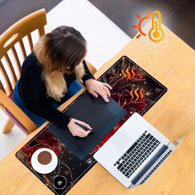 Heated Mouse Pad, Warm Desk Pad, Keyboard Mat 31.5 x 13 Inch Large Size Intelligent Fast Heating, 3 Speed Adjustable, Timed Auto Power Off for Game Office Home,Flowers Roses