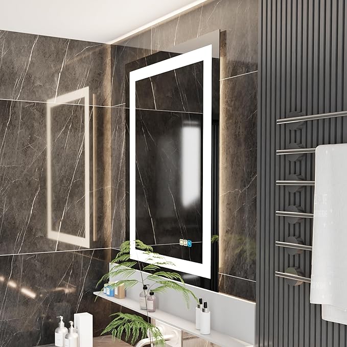 20 * 28inches LED Mirror, Smart Bathroom Mirror with Lights, Anti-Fog, Tempered Glass, 3 Colors Dimmable, Front and Backlit, CRI 90+, Wall Mounted, Memory